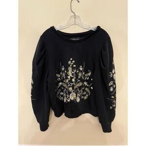 Gabrielle Union Embroidered Floral Sweatshirt Black Gold M